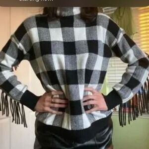 Lauren Ralph Lauren Black Label SZ XL Buffalo Plaid Fringe Sleeve‎ wool Sweater